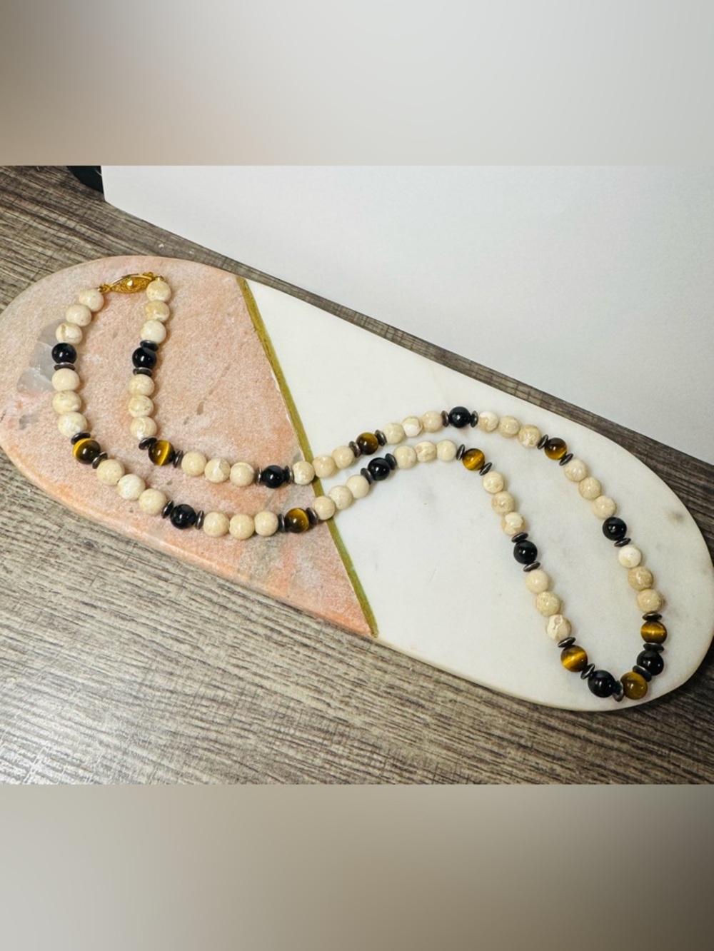 Tiger Eye & Cream Marble Bead Necklace Earth Tone Statement 22-23" - Picture 2 of 5